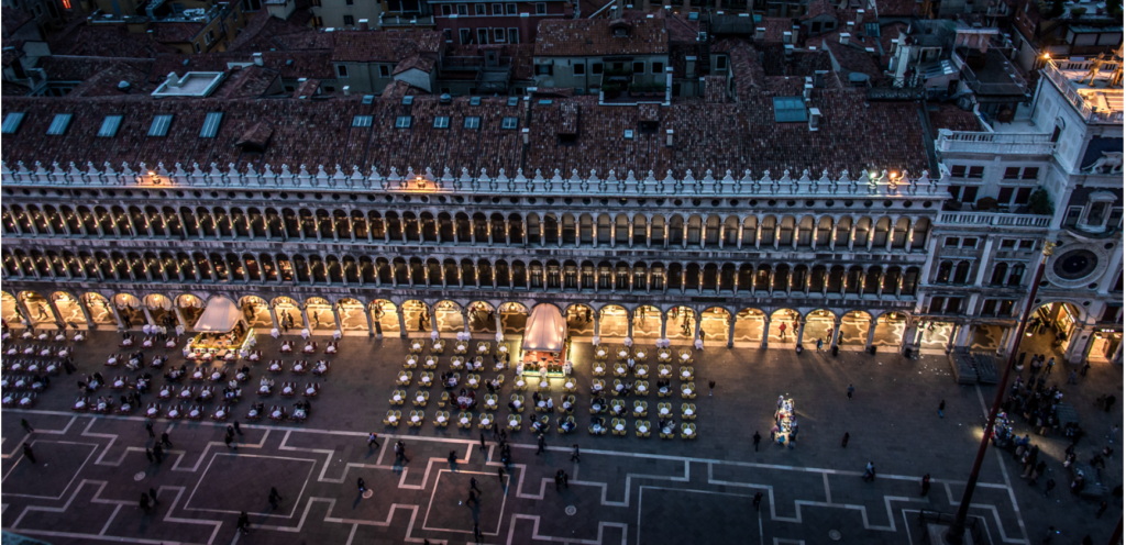 An aerial view of the north side of Piazza San Marco in Venice at night